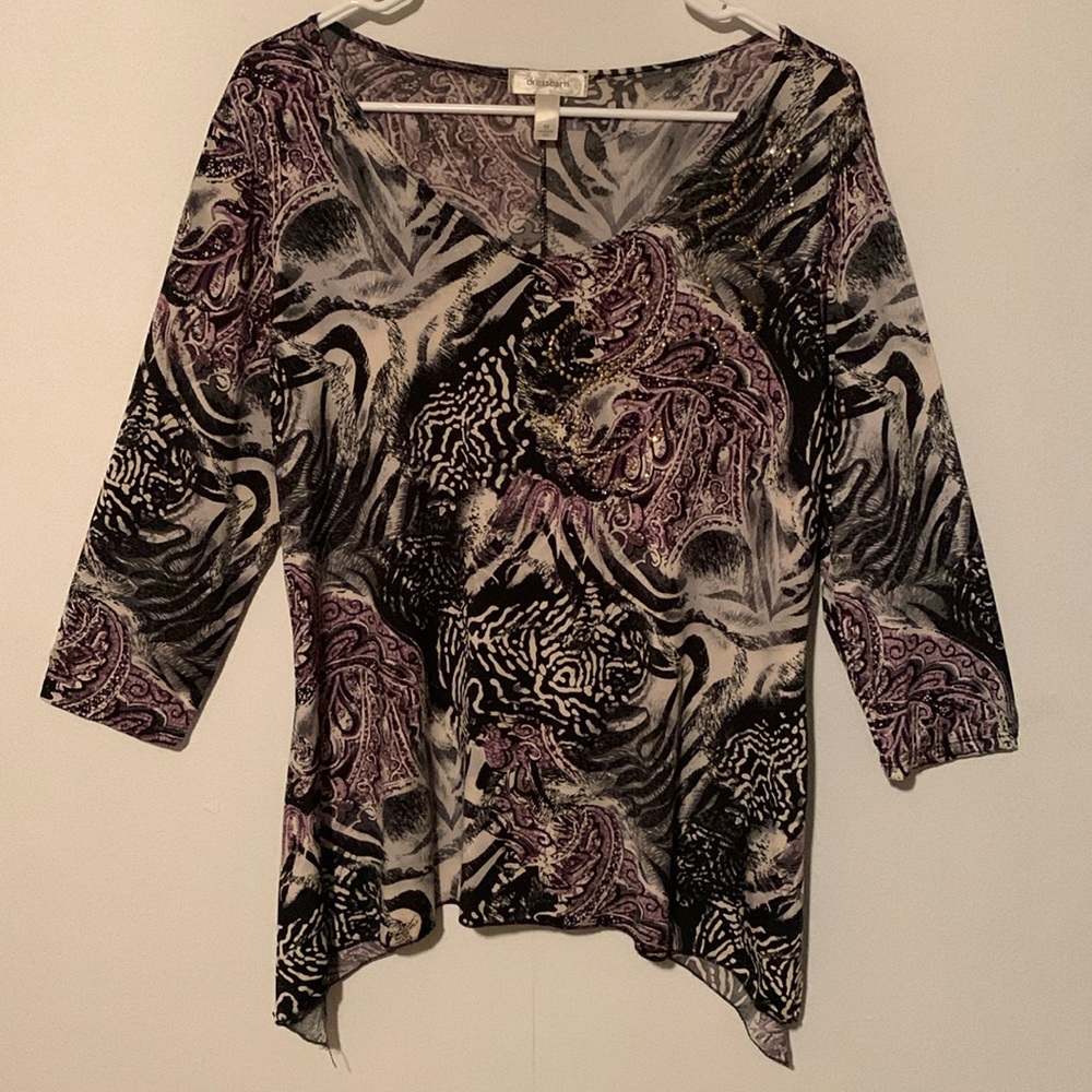Willi Smith Women’s Black & Purple Printed V-Neck Top